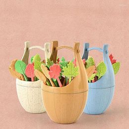 Forks 1set Outdoor Camping Wheat Straw Fruit Fork Mini Wooden Bucket Set Eco-friendly Cake Leaf Small Portable Travel