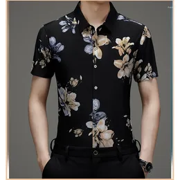 Men's Casual Shirts #ZZW0000 # Short Sleeved Fragmented Flower Shirt Summer Ice Silk Elastic Loose Half Drop