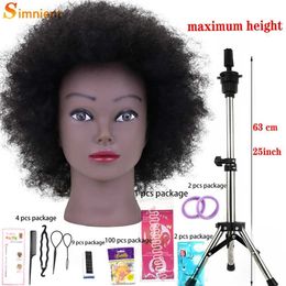 Mannequin Heads African mannequin head 100% human hair adjustable tripod training for Practising styling weaving Q240510