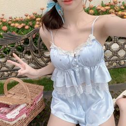 Home Clothing 4Pcs Pajamas Set Spring Cardigan Clothes Sexy Shirt Pants Sling Shorts Sleepwear Satin Nightwear