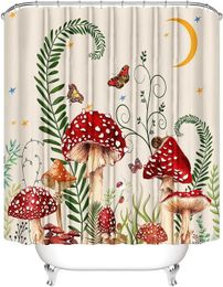 Shower Curtains Vintage Mushroom Butterfly Flower Shower Curtain and Rug Bathroom Set Moon Star Polyester Fabric Hanging Curtains Bathroom Decor