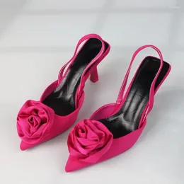 Sandals High Heeled Elegant Woman Sweet Rose Closed Toe 2024 Summer Footwear Pointed Fashion Slingbacks Dress Ladies Shoes
