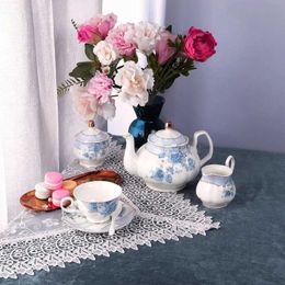 Cups Saucers Blue Flowers Porcelain Tea SetTea Cup and Saucer SetService for 6Wedding Teapot Sugar Bowl Cream PitcherChina Coffee Set