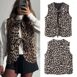 Women's Vests Leopard Print Women Vest Lace-up For Slim Fit Waistcoat With Knot Detail Round Neck Cardigan Club