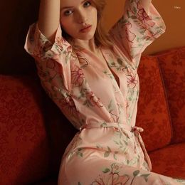 Home Clothing Short Kimono Robe Sexy Print Flower Bathrobe Nightgown Women Summer Dressing Gown With Belt Silk Rayon Sleepwear Lingerie