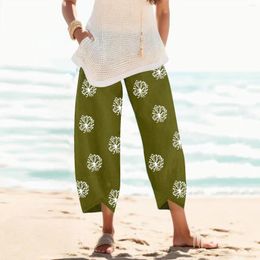 Women's Pants Flowers Print Women Cotton Linen Wide Leg Trousers Casual Elastic Waist Beach Lady Oversize Work Wear