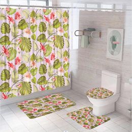 Shower Curtains Green Tropical Plant Leaves Flowers Curtain Set Non Slip Toilet Cover Bath Mat Rugs Waterproof Bathroom Screen Home Decor