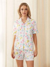 Home Clothing 2024 Fashion Women Pajama Set Leaves Print Short Sleeve Button Closure Shirt With Shorts Sleepwear Loungewear