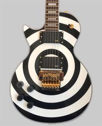 Hot Wholesale High quality black and white round custom left hand guitars with gold tremolo electric guitars for free shipping