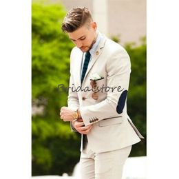 Handsome Beige Men Suit Western Style Man Formal Prom Paty Tuxedos Slim Satin One Button Peaked Lapel Groom Wedding Suits Two Piece 202 265A