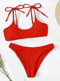 Women's Swimwear 2024 Brazilian Ribbed Bikini Solid Strappy Swimsuit Women Padded Female Bathers Bathing Swimming Swim Suit Beachwear