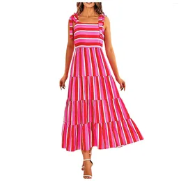 Casual Dresses Cute Women Pink Dress Striped Contrast Colour Sleeveless Beach Square Neck Knot Strappy Tiered Large Swing Long