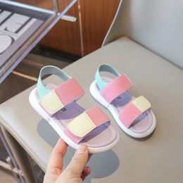 Girls Sports Sandals Mixedcolor Decoration Soft Bottom Nonslip Pink Comfortable PU Upper Open Toe Fashion Kids Shoes 240506