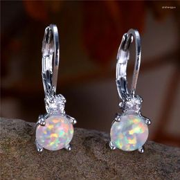 Hoop Earrings Cute Female White Fire Opal Stone Round For Women Charm Silver Color Wedding Jewelry Gift