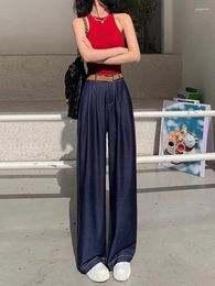 Women's Pants Summer High Waisted Ice Silk Wide Leg Jeans Women2024 Blue Loose Fitting Straight With Belt Floor Mopping