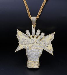 2019 New 14K Gold CZ Cubic Zirconia US Dollar Money in Hand Mens Necklace Really Rich Designer Luxury Hiphop Jewelry Gifts for Guy6381891