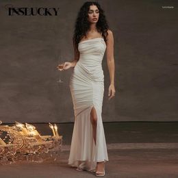 Casual Dresses InsLucky Fashion Sexy Elegant Dress Women Folds Sling Strapless Slim Skinny Bodycon High Slit Ankle-Length Chiffon 2024