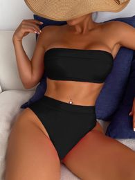 New bikini swimsuit Classic solid black foreign trade three-point sexy swimsuit women split Beach Wear two-piece set micro triangle sexy bikini Breast wrap bikini OIU