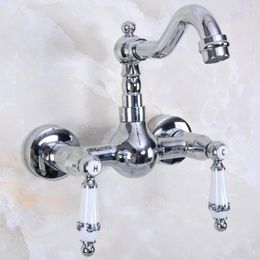 Kitchen Faucets Polished Chrome Wall Mounted Dual Ceramic Handles Swivel Spout Sink Mixer Tap / Bathroom Basin Tnf956