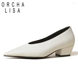 Dress Shoes ORCHA LISA 2024 Women Pumps Pointed Toe Chunky Heels Snake Embossed Upper Slip-on Mature Big Size 32-46 Black White Spring S3117