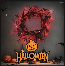 Decorative Flowers Halloween Black Bat Wreath Artificial Branch With Red LED Light For Doors Window Flower Garden Garland Courtyard