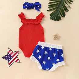 Clothing Sets 3 6 12 18Months Infant Baby Girls 4th Of July Outfits Sleeveless Romper Star Print Shorts Headband Set 3Pcs Born Clothes
