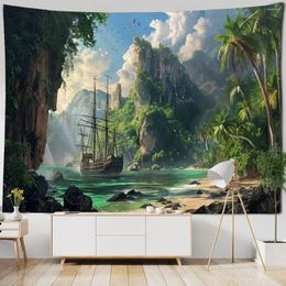 Tapestries Fantasy Sea View Tapestry Coconut Boat Castle Print Wall Hanging Cloth Suitable For Home Office Dormitory Art Decoration