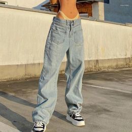 Women's Jeans Front Pockets High Waisted Wide Leg Baggy 90s Cargo Aesthetic Pants Oversized Trousers Women Blue Boyfriend Femme
