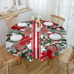 Table Cloth Christmas Poinsettia Pine Needles Round Tablecloth Waterproof Wedding Party Cover Holiday Dining