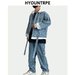 2 Pieces Sets Men Fashion Patchwork Single Breast Denim Jeans Hooded Jacket Coat and Loose Straight Pants Joggers Streetwear Set 240429