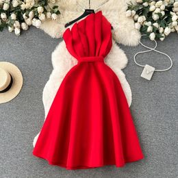 Casual Dresses 2024 Female Chic One Shoulder Pleated Sleeveless Solid A-line Dress High Waist Evening Party Strapless Women Vestidos