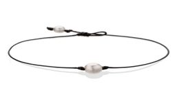 Pearl Single Cultured Freshwater Pearls Necklace Choker for Women Genuine Leather Jewelry Handmade Black 14 inches4974441