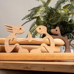 Decorative Figurines Wooden Miniatures Women And Dog Carving Wood Art Crafts Home Office Decoration Animal Ornaments Table