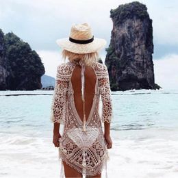 Sexy Knitted Hollow Out Beach Cover Up Midi Dress For Women Solid Sheer Mesh Tunic Ladies Outfits 2024 Summer Bikini Cover-ups