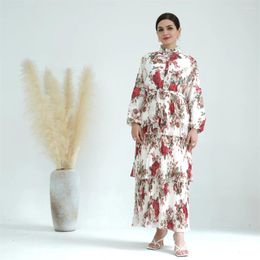 Ethnic Clothing Floral Print Kaftan Women Pleated Layer Maxi Dress Dubai Abaya Elegant Fashion Muslim Party Dresses Turkey Robe Vestidos