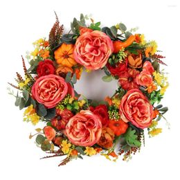 Decorative Flowers 45/50CM Peony And Pumpkin Wreath Farmhouse Fall Wreaths For Front Door Durable Autumn With Berry