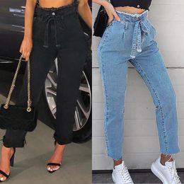 Women's Jeans 90s Streetwear Sashes High Waist Women Aesthetic Denim Trousers Street Outfits Fashion Girl Straight Pants Blue Black