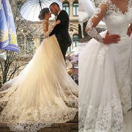 2022 Luxury African Mermaid Wedding Dresses V Neck Long Sleeves Illusion Full Lace Applique Overskirts Detachable Train Button Back Bri 2408