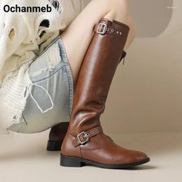 Boots Ochanmeb Women Genuine Leather Punk Belt Double Buckle Equestrian Knight Woman Brown RoundToe Zipper Shoes 40 Winter