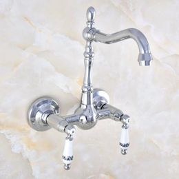 Kitchen Faucets Washbasin Faucet Chrome Brass Double Hnadle Dual Hole Wall Mount Taps Swivel Spout Bathroom Sink Mixer Tap 2nf572