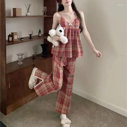 Home Clothing Limiguyue High Quality Sweet Red Plaid Pyjama Set Women Chest Pad Spaghetti Strap Sleepwear Cotton Linen Pants Pijamas Suit