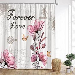 Shower Curtains Floral Curtain Watercolor Spring Farm Butterfly Windmill Sunflowers Wood Panel Home Polyester Bathroom Decor