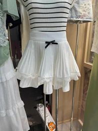 Skirts Sweet White Elegant Bow High Waist Pleated A-line Skirt Women Black Ruffles Preppy Style Slim Cake Lace Simple Summer Chic