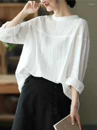 Women's Blouses Pleated Folds Embroidery Stand Collar Pullover Shirt Blouse 2024 Summer Mori