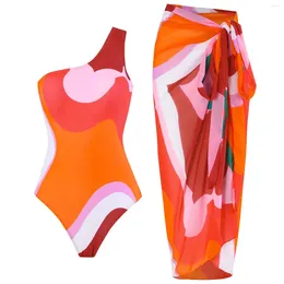 Women's Swimwear 2024 Fashion One Shoulder Color Block Piece Swimsuit And Skirt Summer Women Beachwear Bathing Suit Bikini