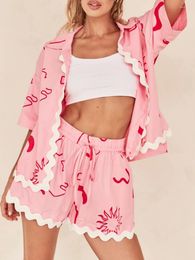 Home Clothing Women Summer Pyjamas Short Sets Prints Sleeve Lapel Buttons T-Shirt With Ric Rac Trim Shorts Casual Sleepwear Loungewear