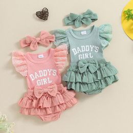 Clothing Sets 3pcs Set Born Girls Summer Shorts Lace Sleeve Letter Print Romper Tiered Ruffle Headband Baby Clothes