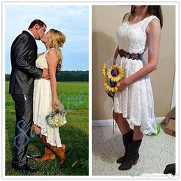 Little White Dress Vintage High Low Beach Wedding Dresses Full Lace V-neck Bohemian Western Country Cowgirls Bridal Reception Gown 319h