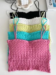 Women's Tanks Zik Hekiy Women Knitted Padded Crop Tops Pleated Flounce Camis Cute Straps Bra For 2024 Summer
