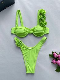 Women's Swimwear Sexy Push Up Backless Bikini Set Women Fashion Flower Lady Solid Beachwear 2024 Summer Holiday Trend Female Clothes